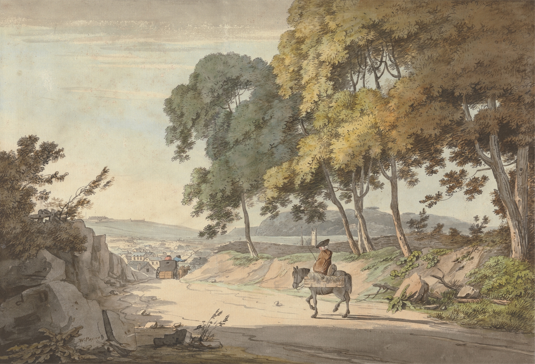 Watercolour by William Payne depicting hills, sky, and clouds.