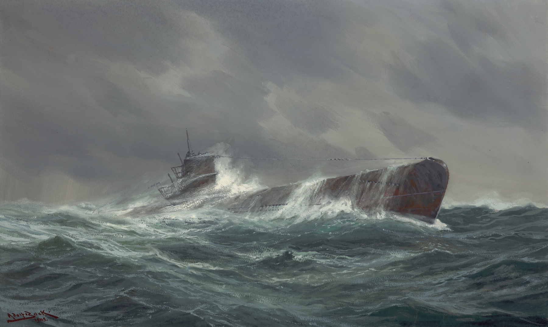 Submarine at sea, oil on canvas by Adolf Bock, depicting a submarine gliding through deep blue ocean waves.