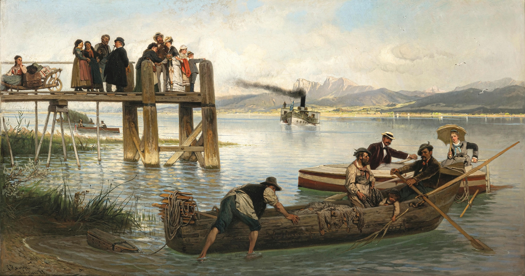 A Steamboat Jetty on Lake Chiemsee by Karl Raupp, realism, depicting a weathered jetty and tranquil waters.