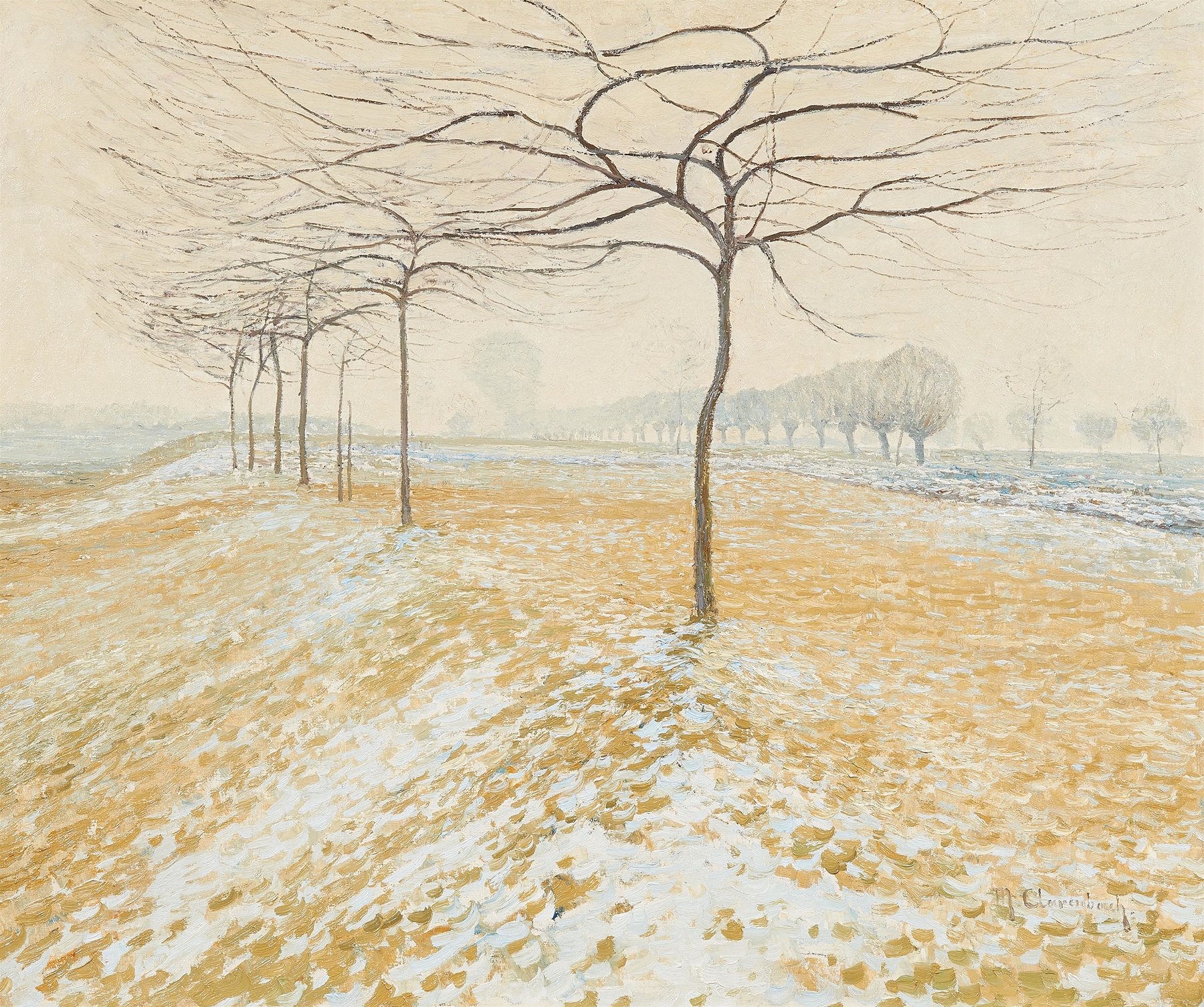 Winterlandschaft by Max Clarenbach, oil on canvas depicting a snowy landscape at twilight.