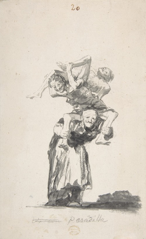 A haunting painting by Francisco de Goya featuring an old woman carrying figures on her back.