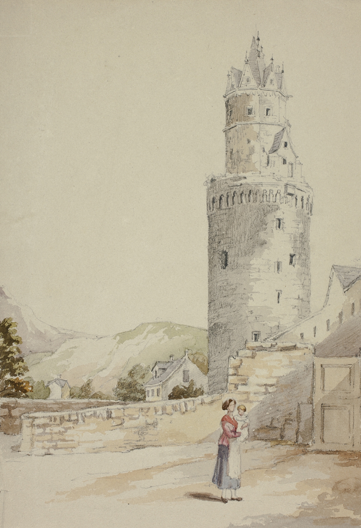 Woman and Child before Walled Town with Tower, by Elizabeth Murray, public domain