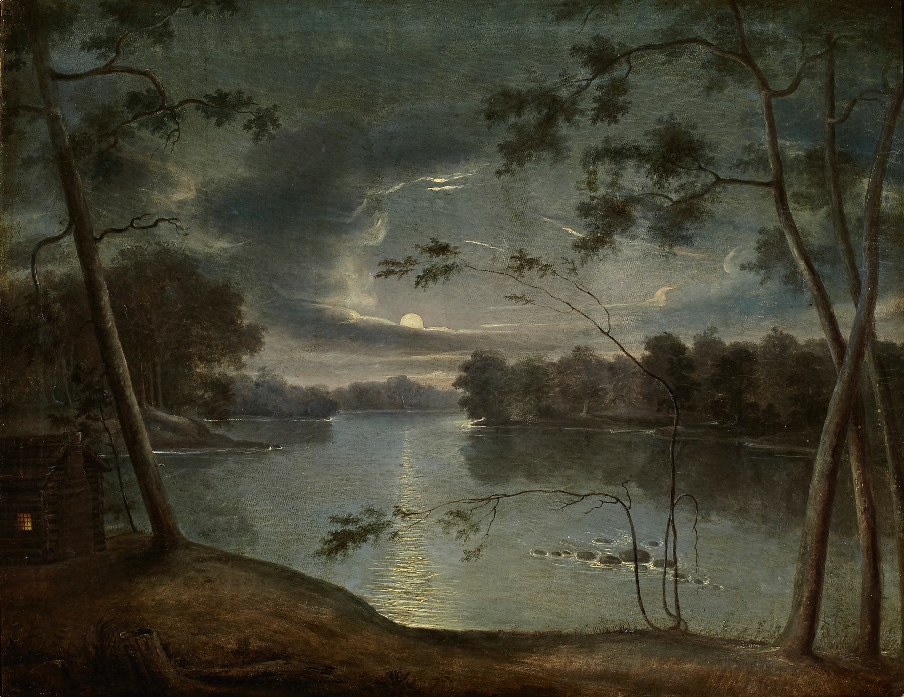 Nocturnal Landscape by George Winter, oil painting depicting a tranquil night scene with trees.