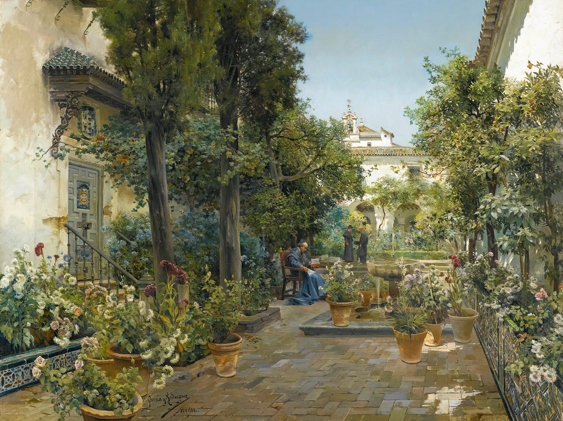 Oil painting by Manuel García y Rodríguez depicting a woman in a garden with a fountain.
