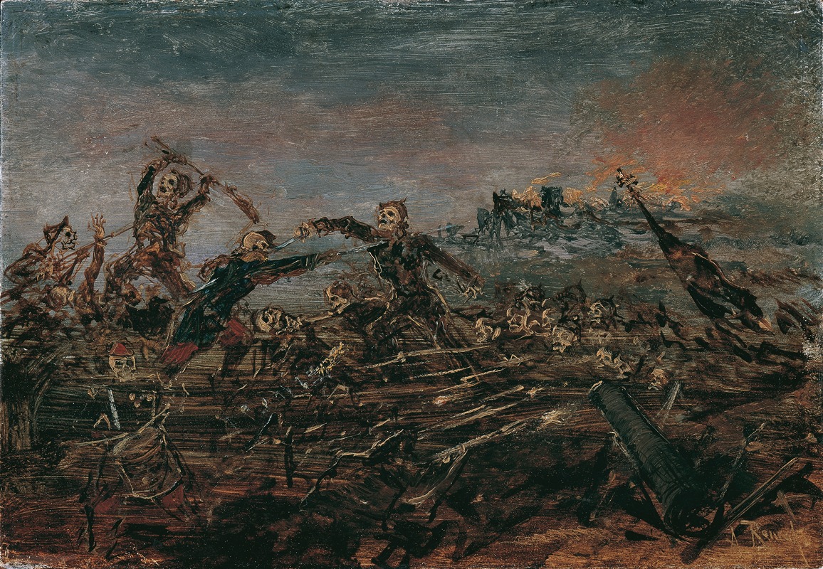 A dramatic depiction of death on a battlefield amidst burning ruins.