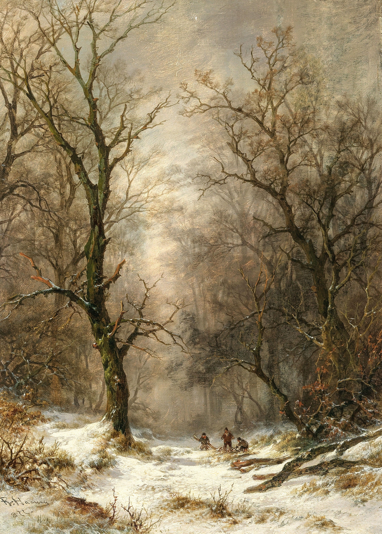 Lumberjacks in a Winter Forest, oil painting by Remigius Adrianus van Haanen