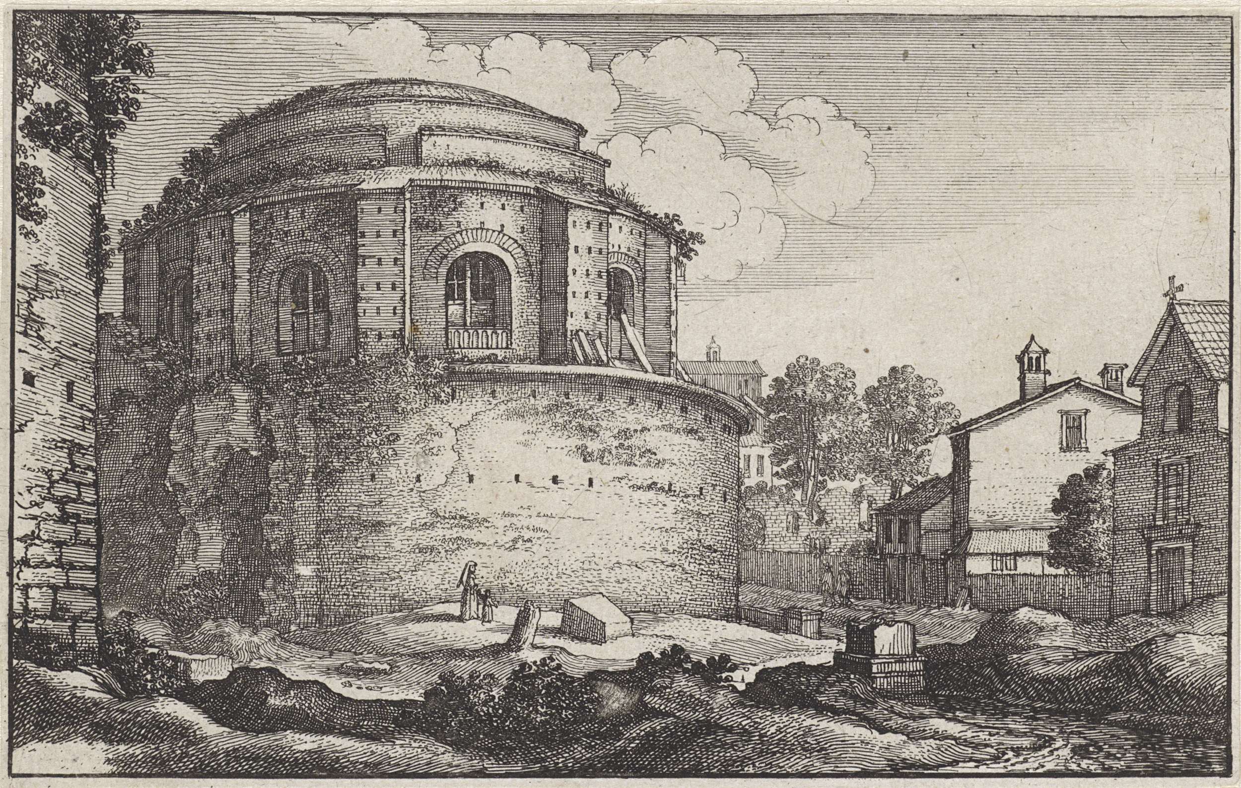 Etching by Wenceslaus Hollar depicting a circular Roman structure with ancient stones