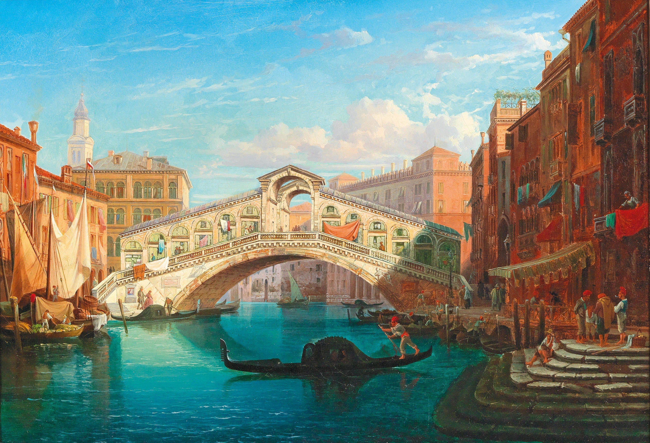 Rialto Bridge over the canal, oil painting by Gustaf Wilhelm Palm