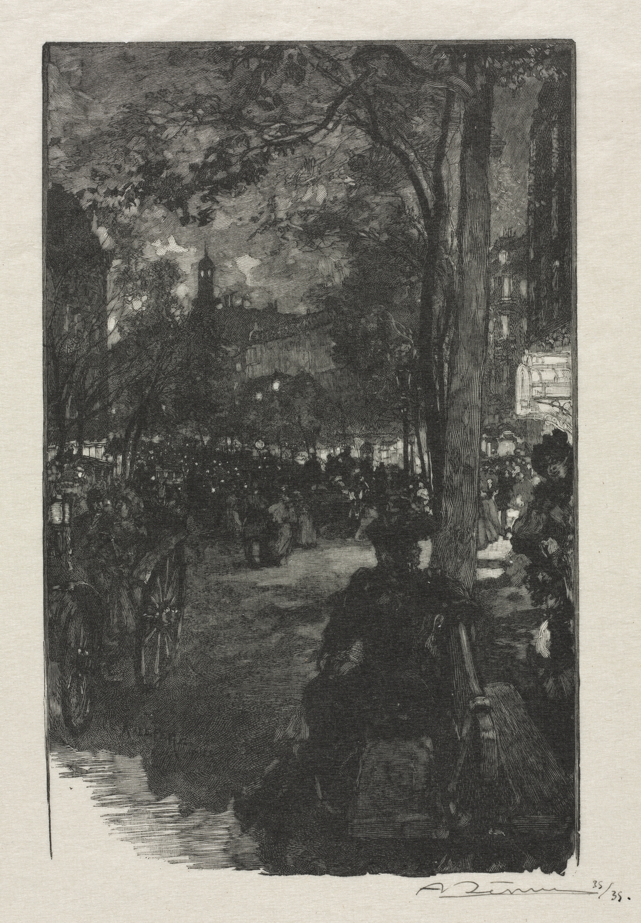 Boulevard Montmartre, Evening, by Auguste Louis Lepère, public domain