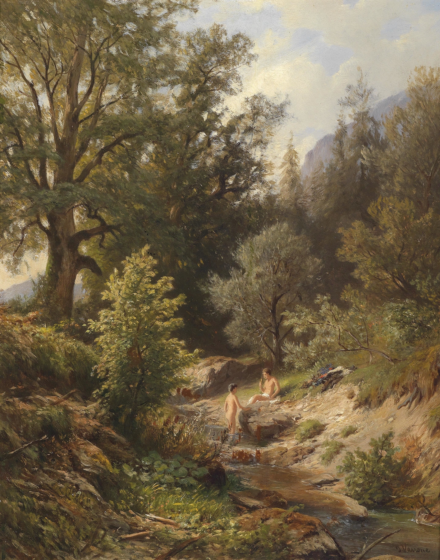 Figurative scene of boys playing by the river, oil painting by Johann Varrone