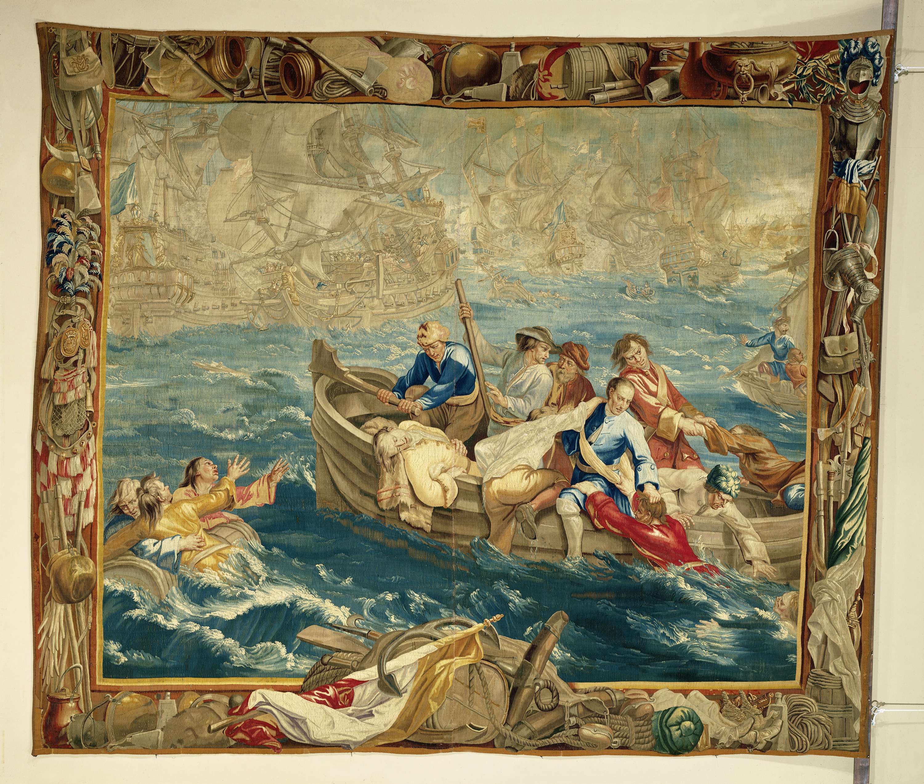 Tapestry by Josse de Vos depicting a ship amidst turbulent waves