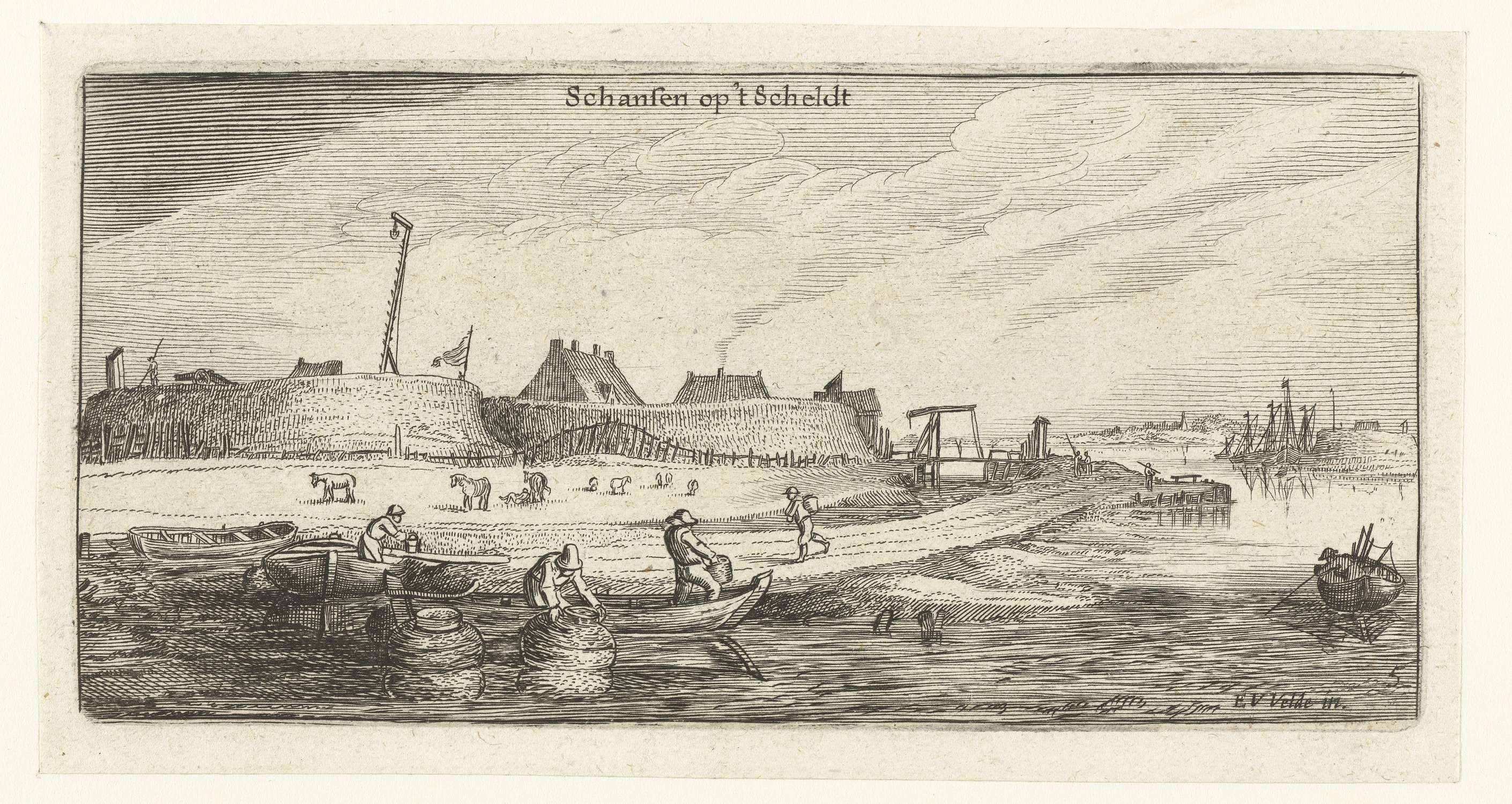 Fishing boats on the river with figures, etching by Esaias van de Velde
