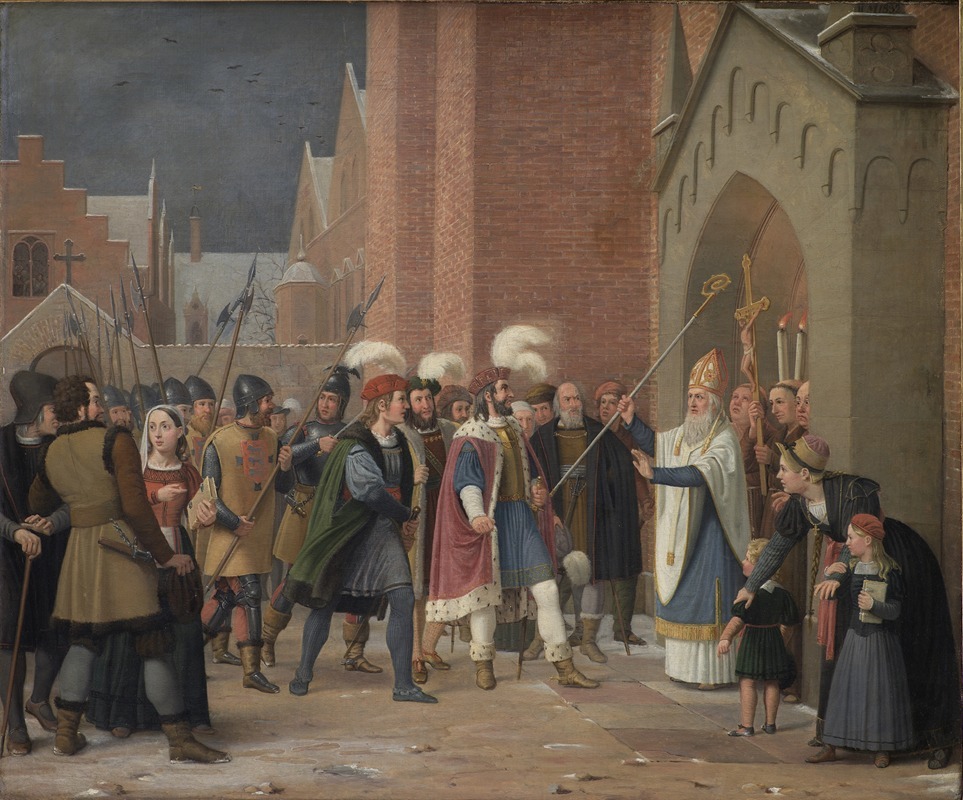 This painting depicts a historical scene featuring Svend Estridsen and Bishop Vilhelm.