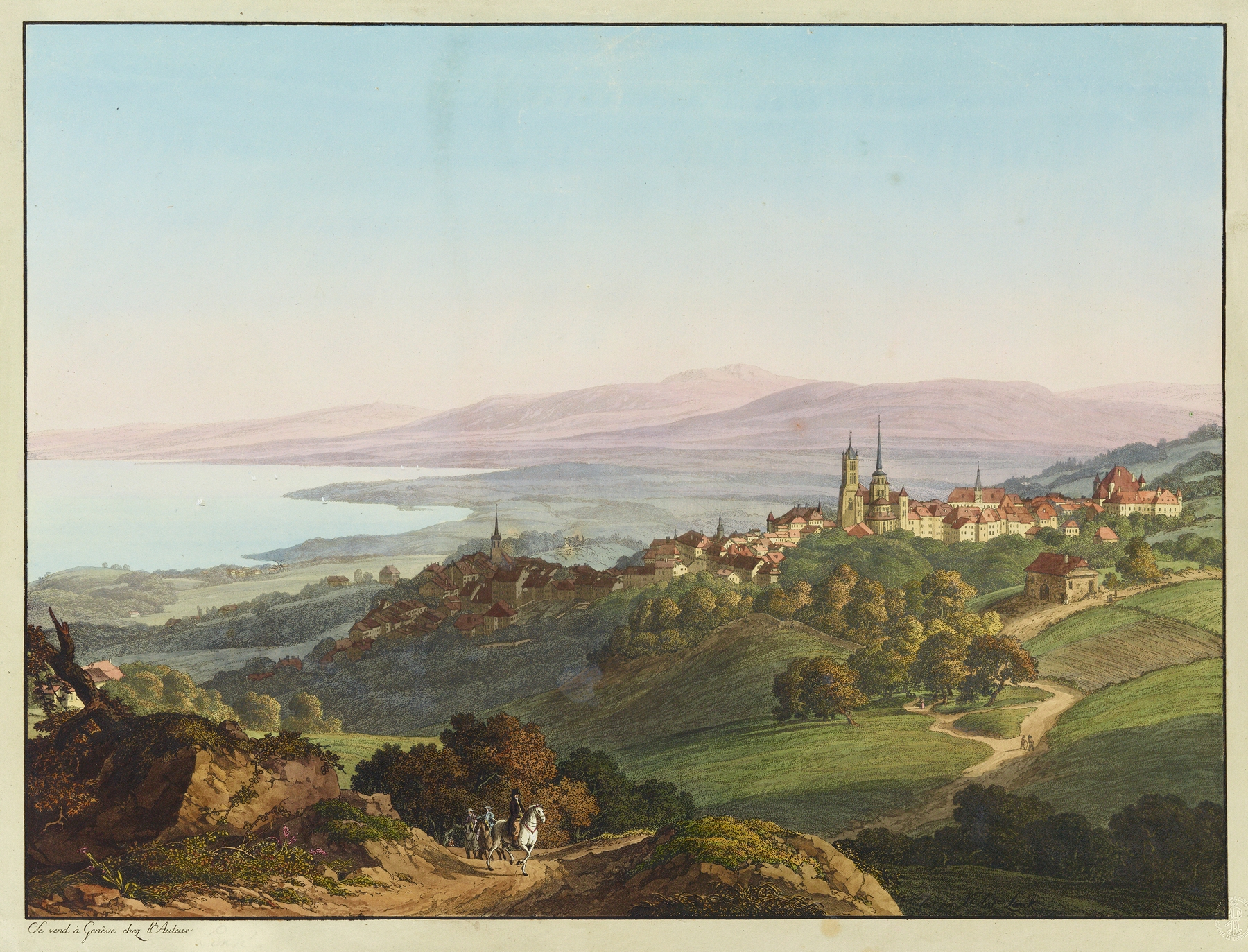 Vue de Lausanne by Jean-Antoine Linck, oil painting of a tranquil lake landscape.