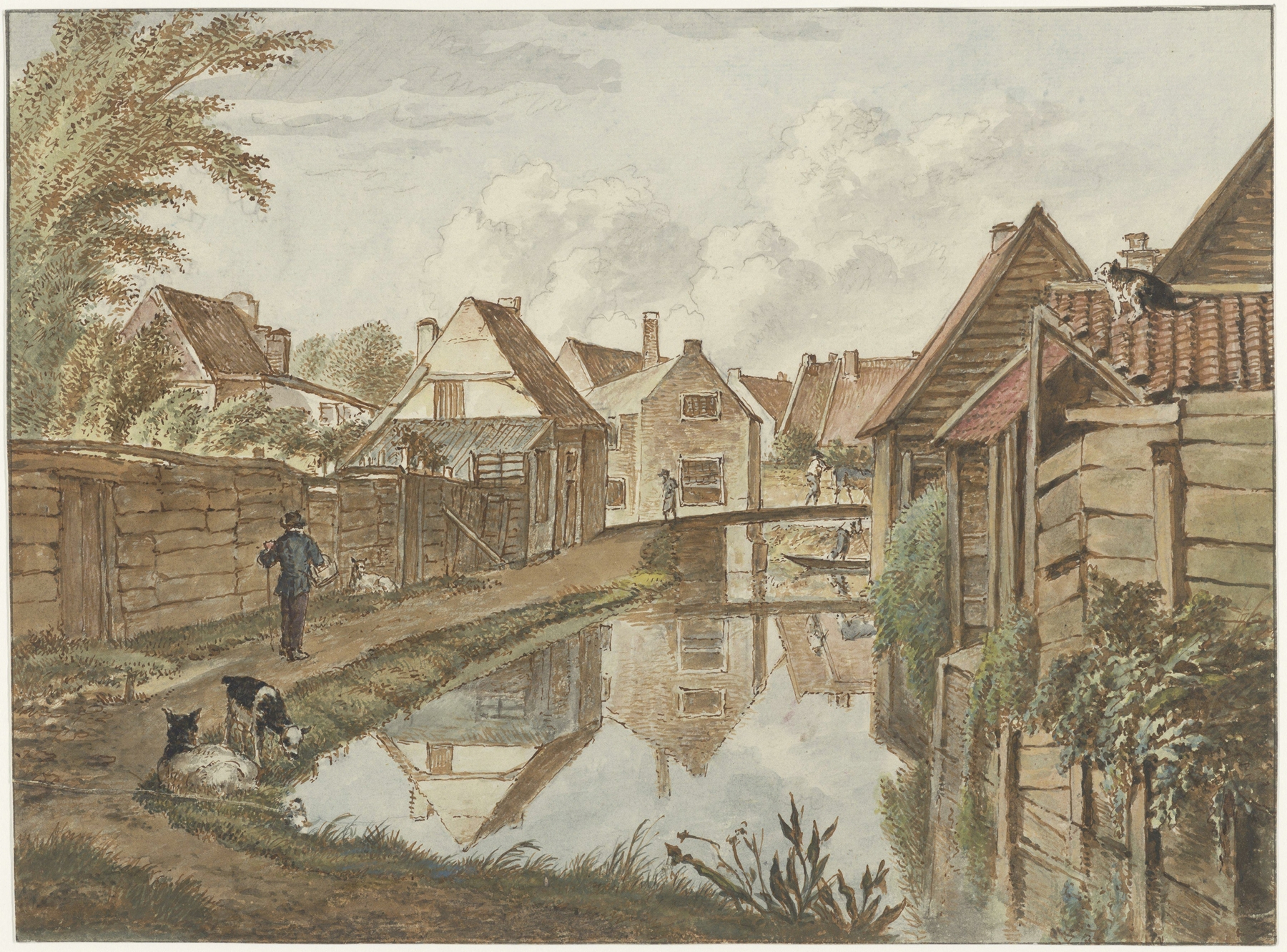 Landscape of Voldersgracht with architecture reflections, oil painting by Wybrand Hendriks