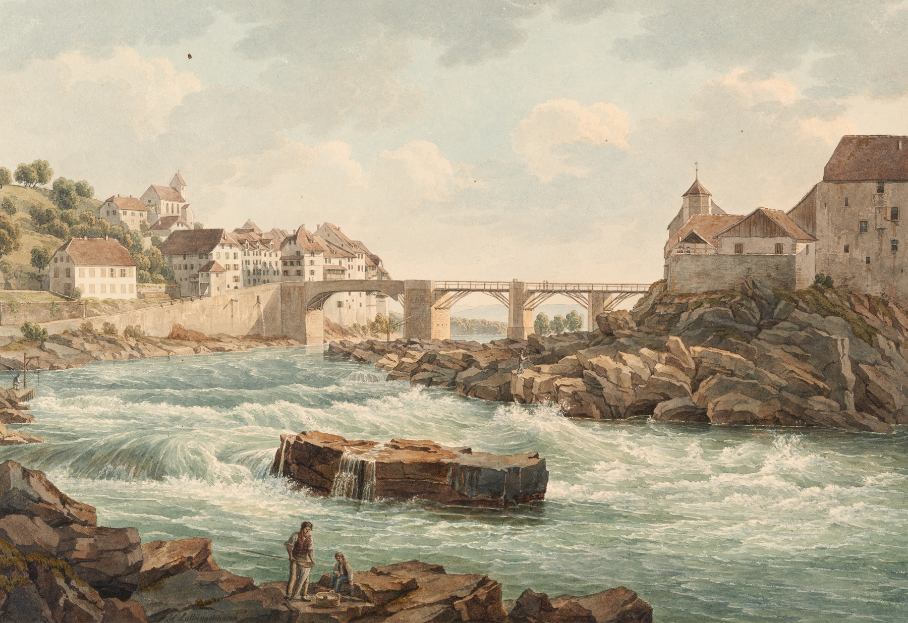 Laufenburg by Johann Heinrich Luttringhausen, depicting a town by a river.