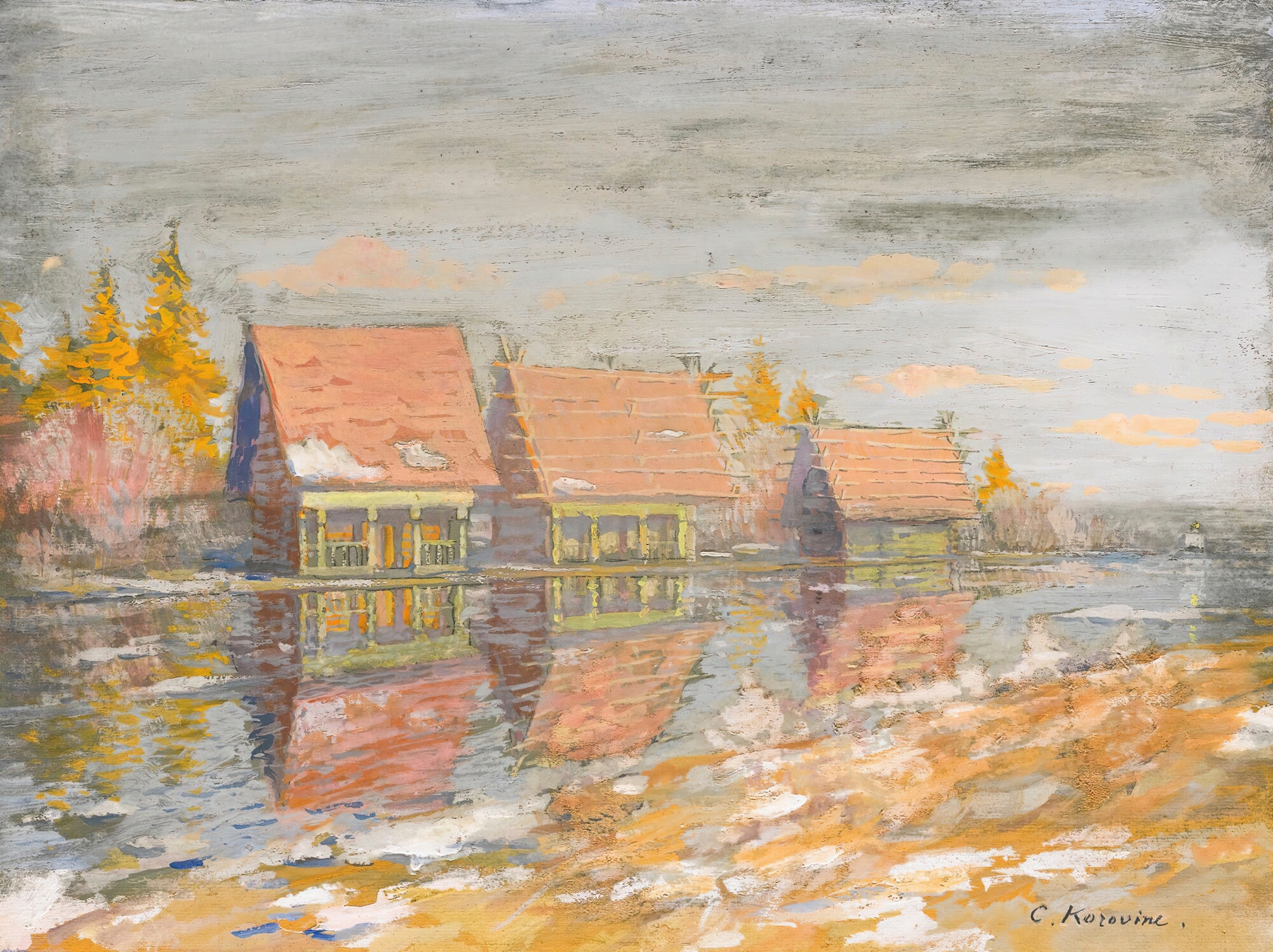 Dachas On The River Bank by Konstantin Alexeevich Korovin, oil painting depicting vibrant dachas by a river.