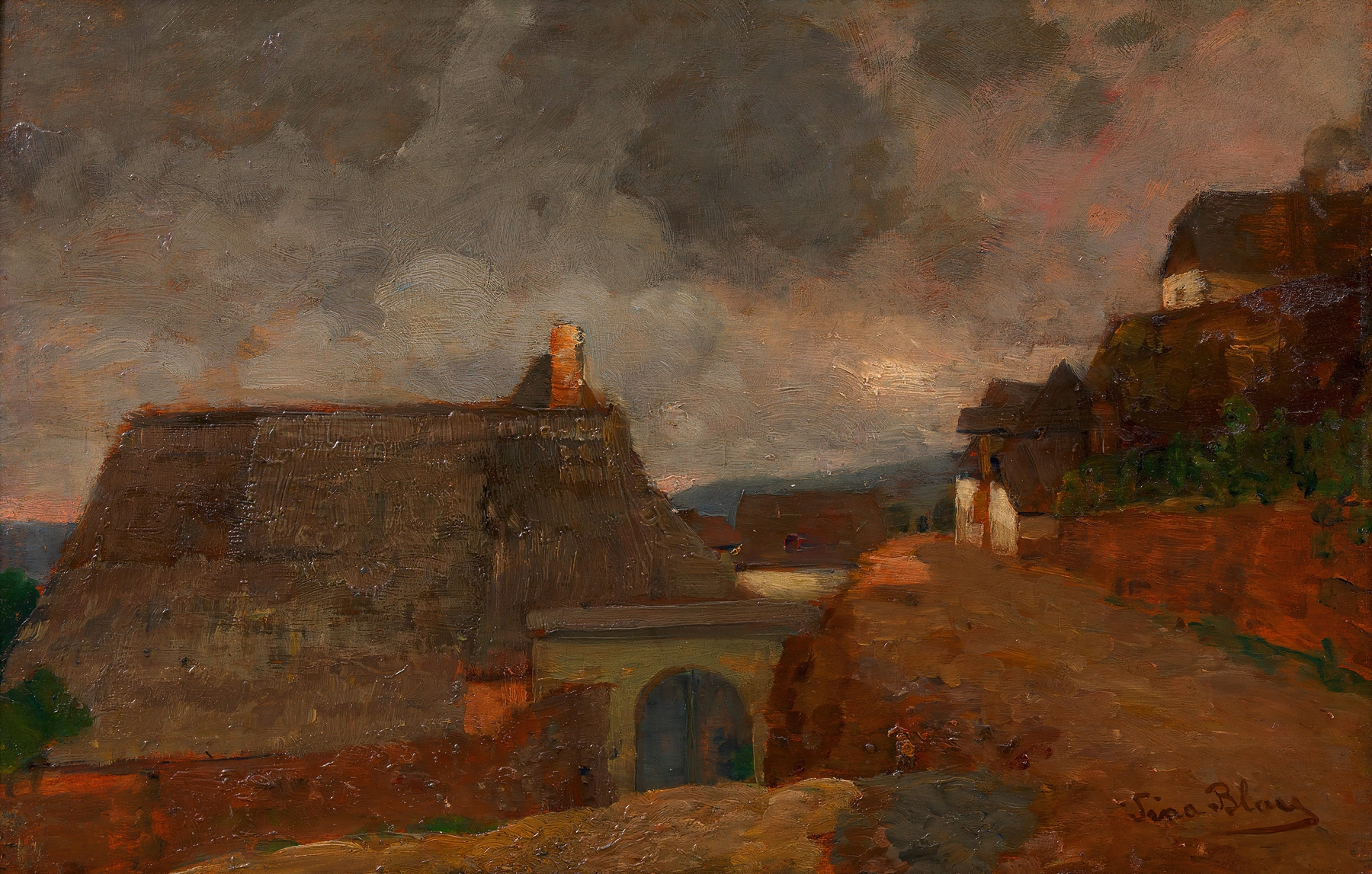 Landscape depicting a village under gray clouds by Tina Blau, oil painting