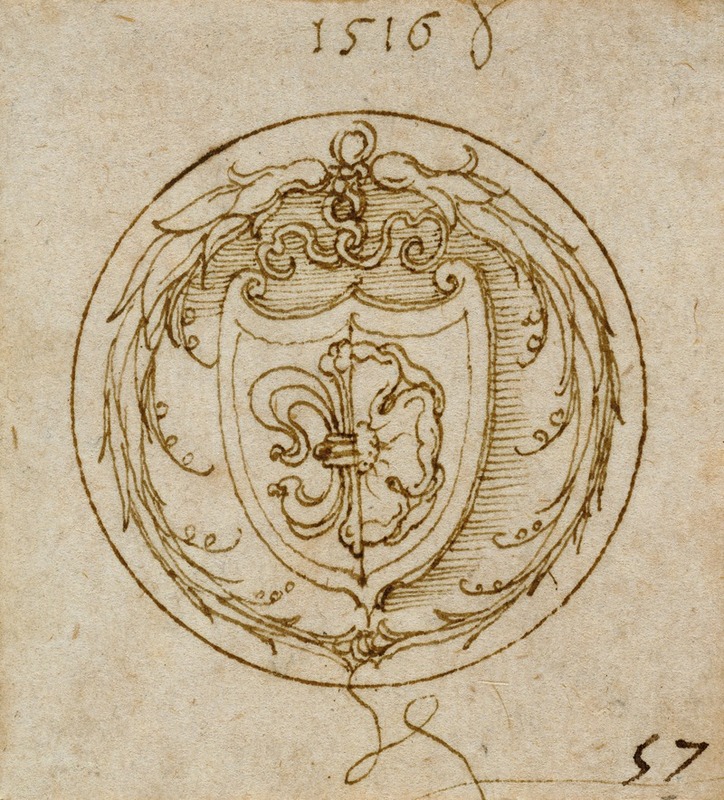 Design for an ornament or signet ring by Albrecht Dürer featuring the arms of Lazarus Spengler.