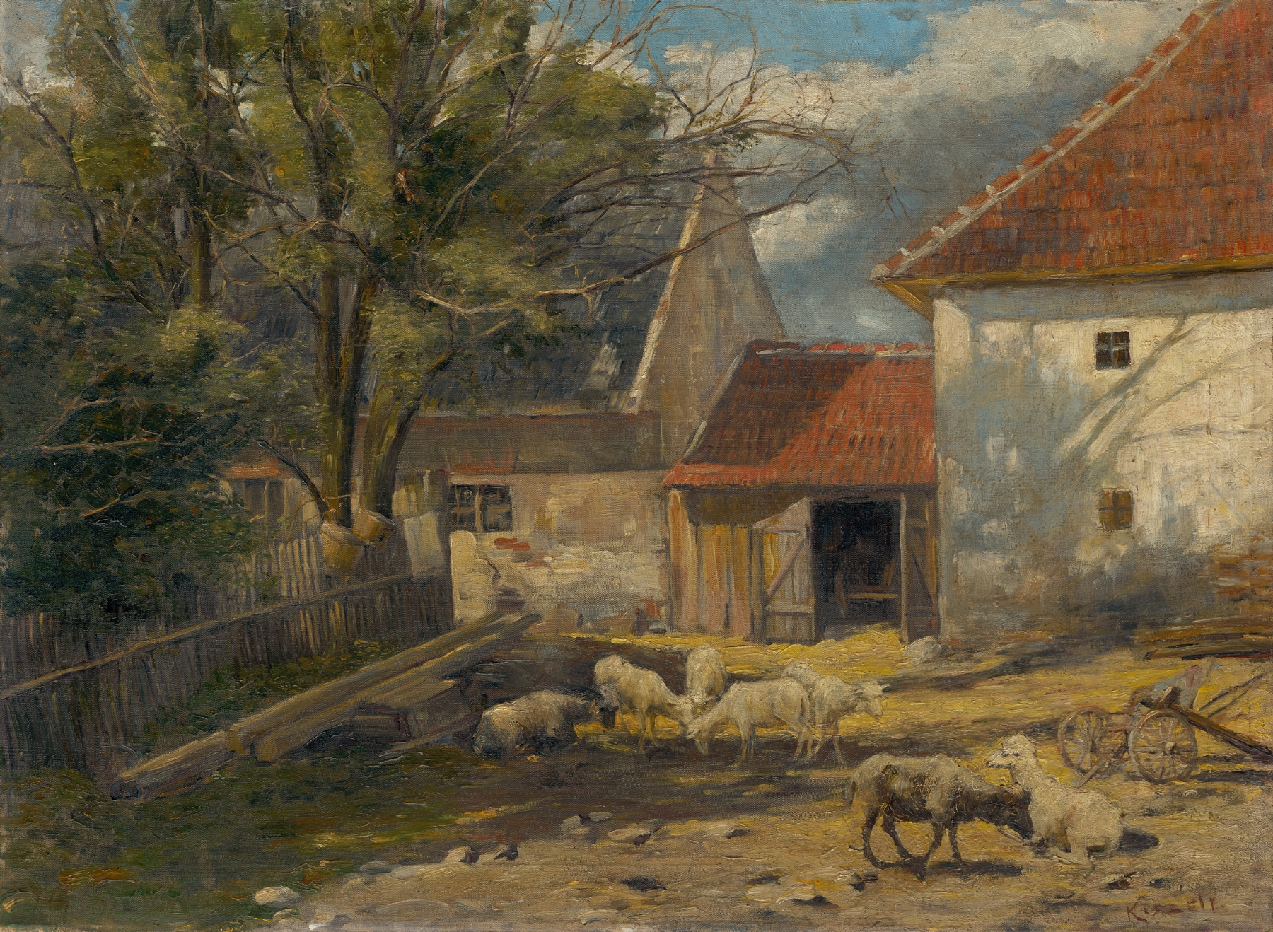Dvor statku by Ferdinand Kiselý, oil on canvas depicting a rural landscape with light and shadow.