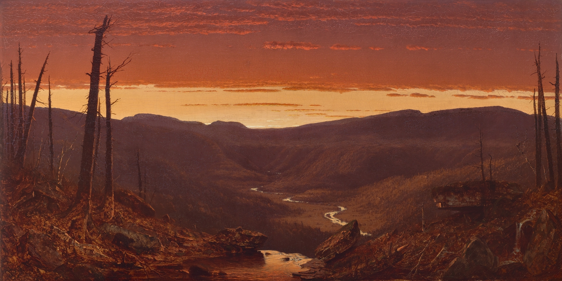 Twilight in the Catskills by Sanford Robinson Gifford, oil painting depicting mountains and a colorful sky.