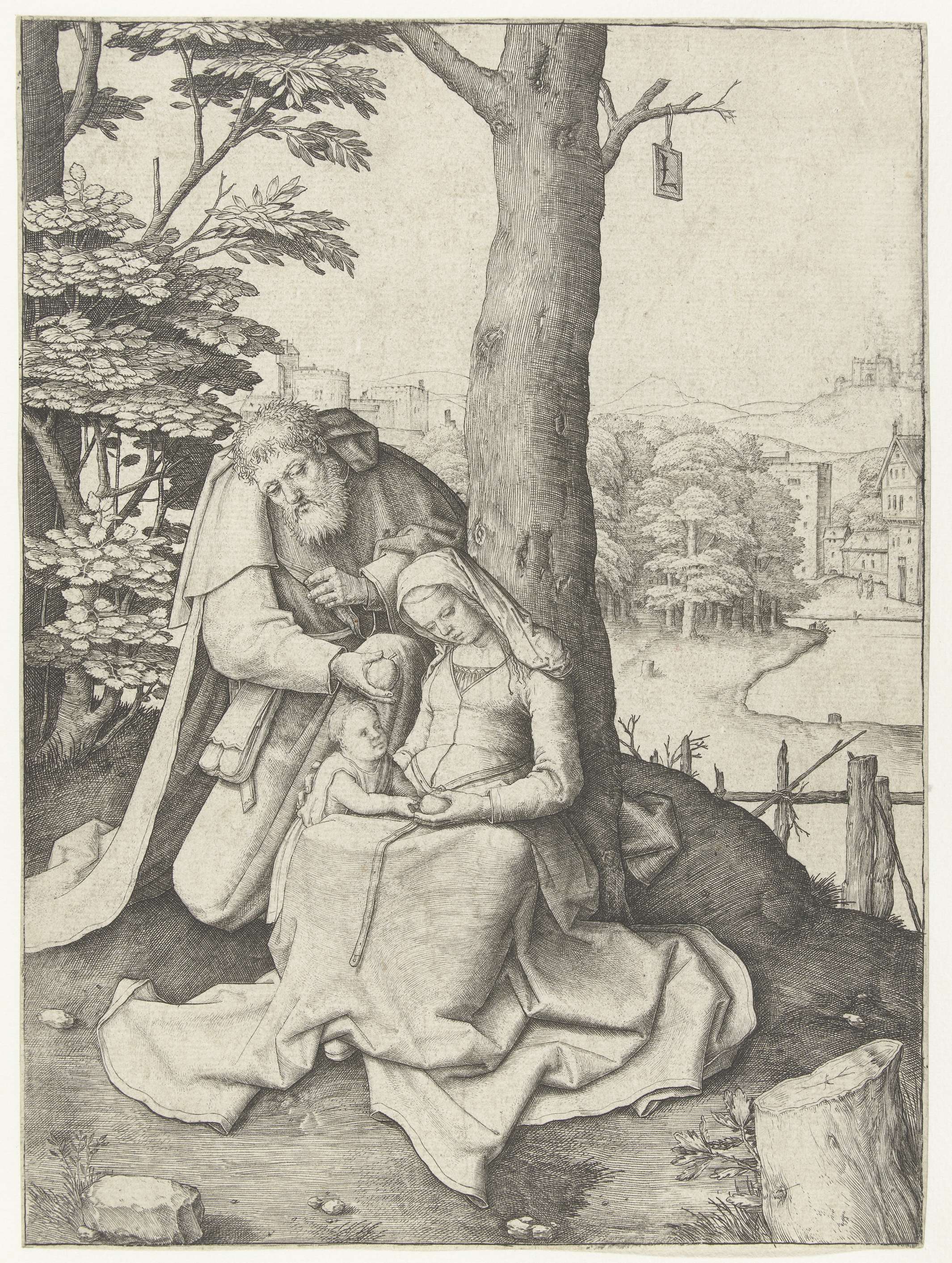 Engraving by Lucas van Leyden depicting The Holy Family in a domestic scene