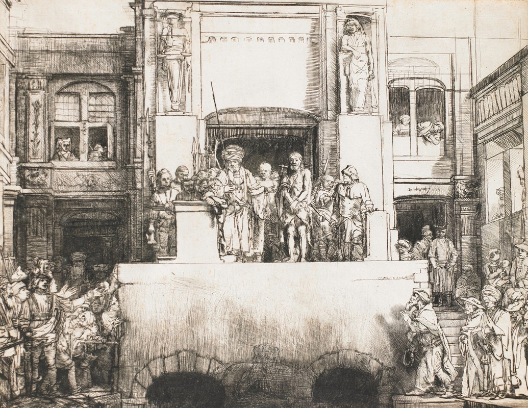 Rembrandt's Ecce Homo depicts Christ presented to the people, showcasing his emotional expression.