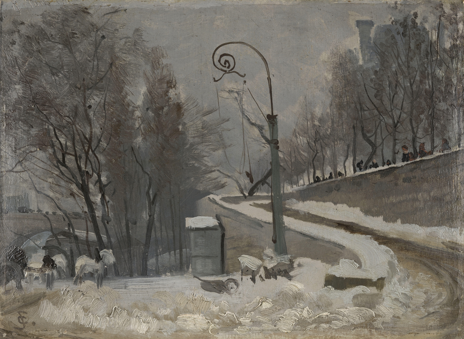 Winter landscape with snow-covered rooftops by Christian Skredsvig, oil painting