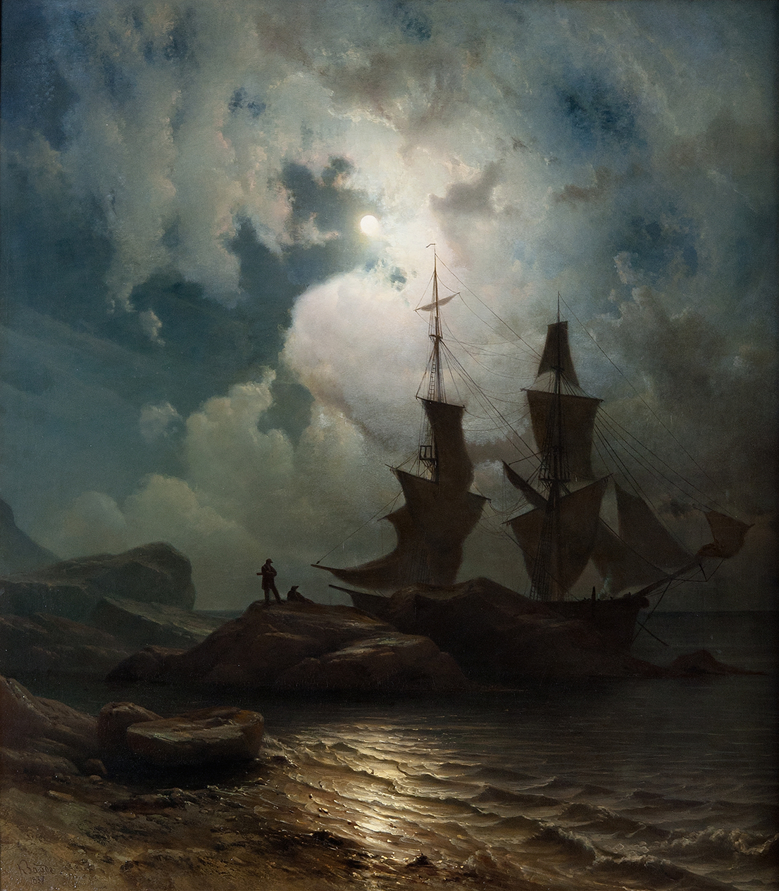 Moonlight on the Coast of Norway by Knud Baade, oil painting depicting a serene coastline at twilight.