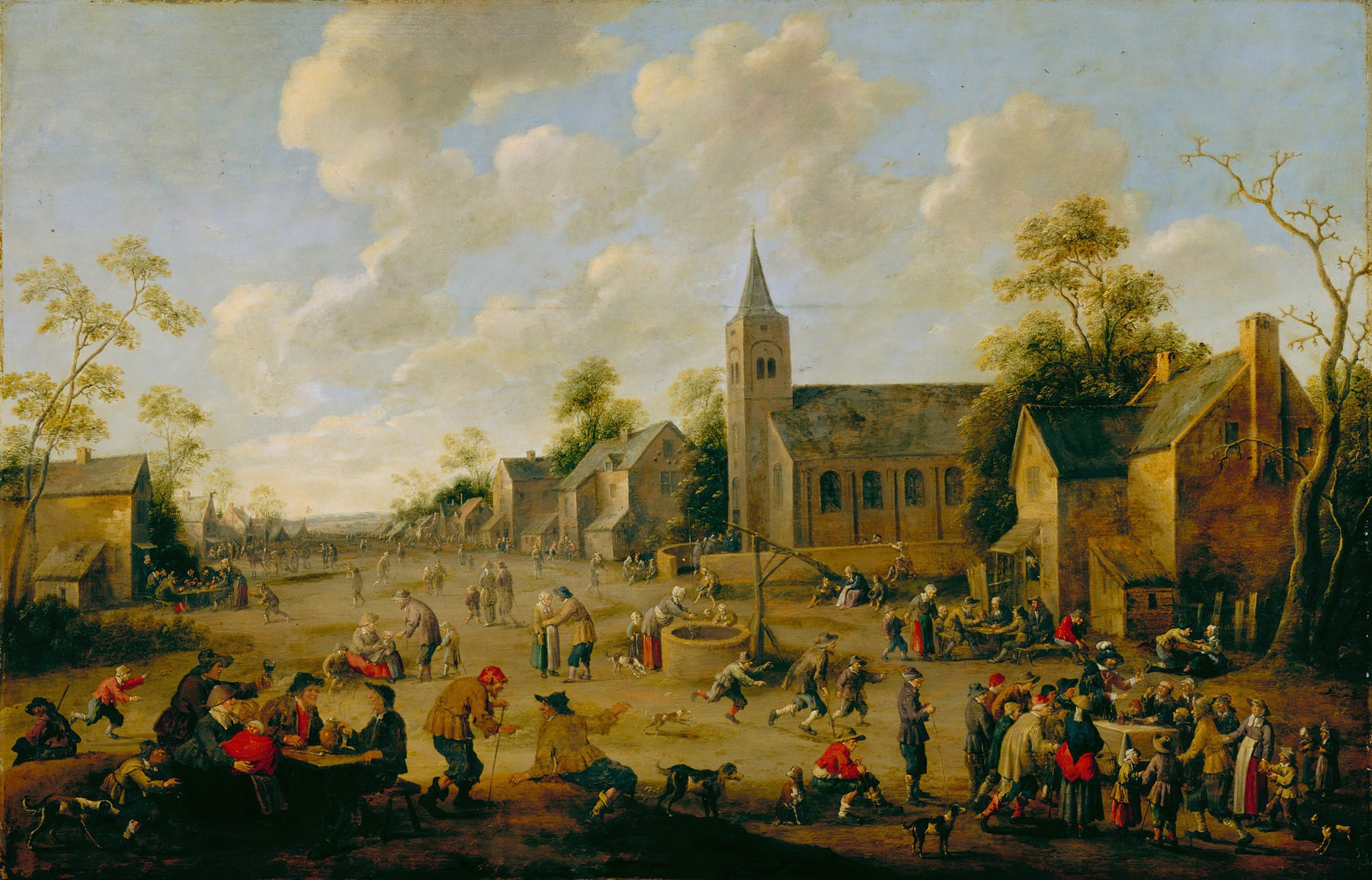 A Village Festival by Joost Cornelisz Droochsloot, oil on canvas depicting villagers celebrating.