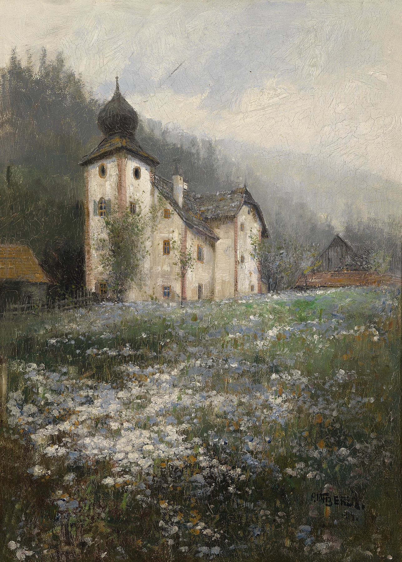 Landscape oil painting by Paul Unbereit featuring a church on a hill