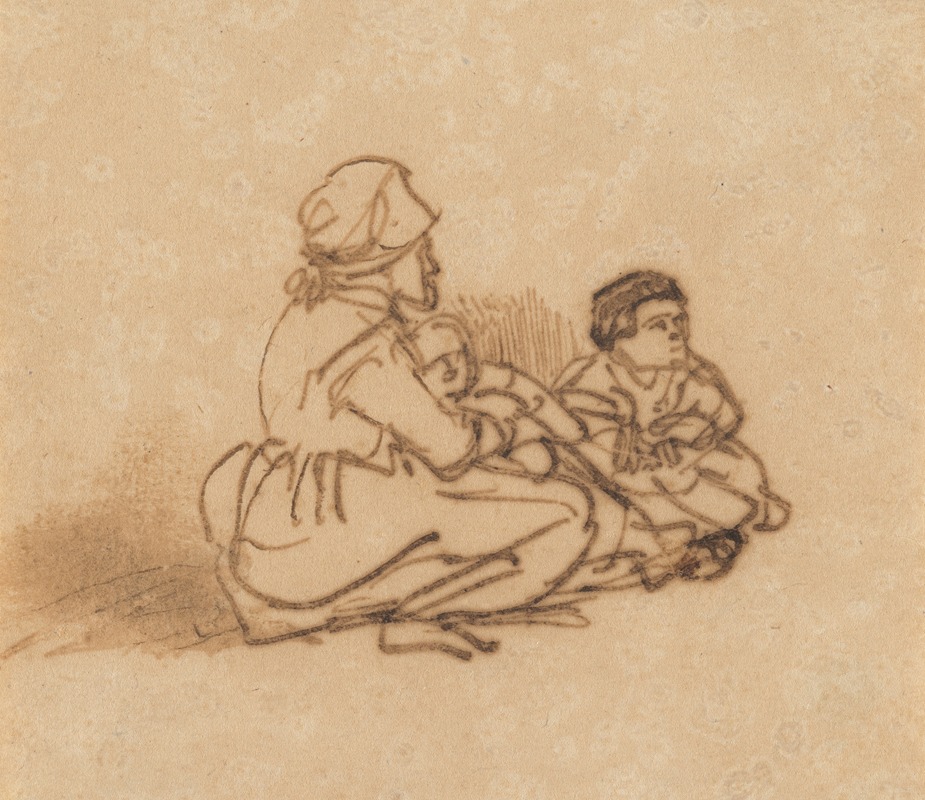 A depiction of a woman seated on the ground with two children.