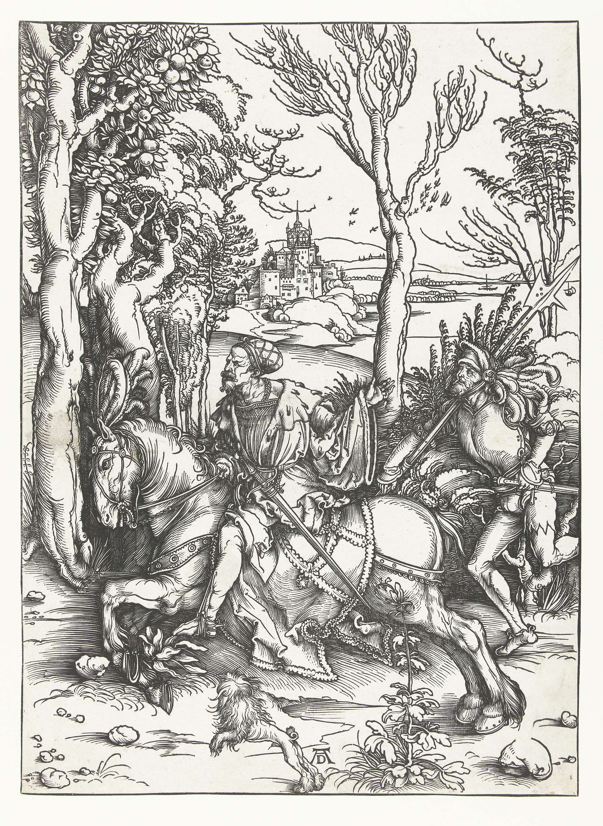 Historical drawing on paper by Albrecht Dürer featuring a rider and soldier