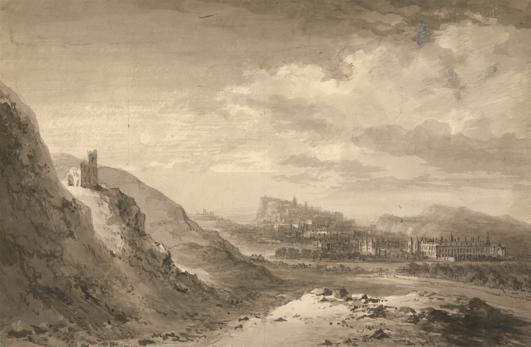 Landscape of Edinburgh by Alexander Nasmyth, oil painting depicting hills and a serene sky.