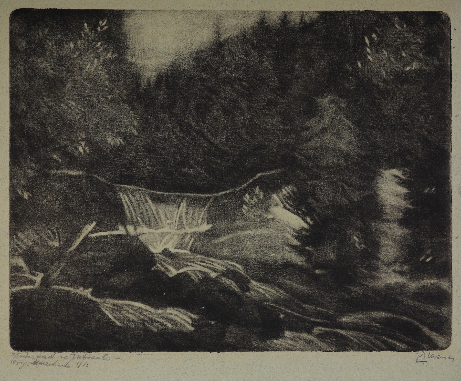 Waterfall in the Tatra Mountains by Jakub Glasner, Romanticism, depicting a serene waterfall in a mountainous landscape