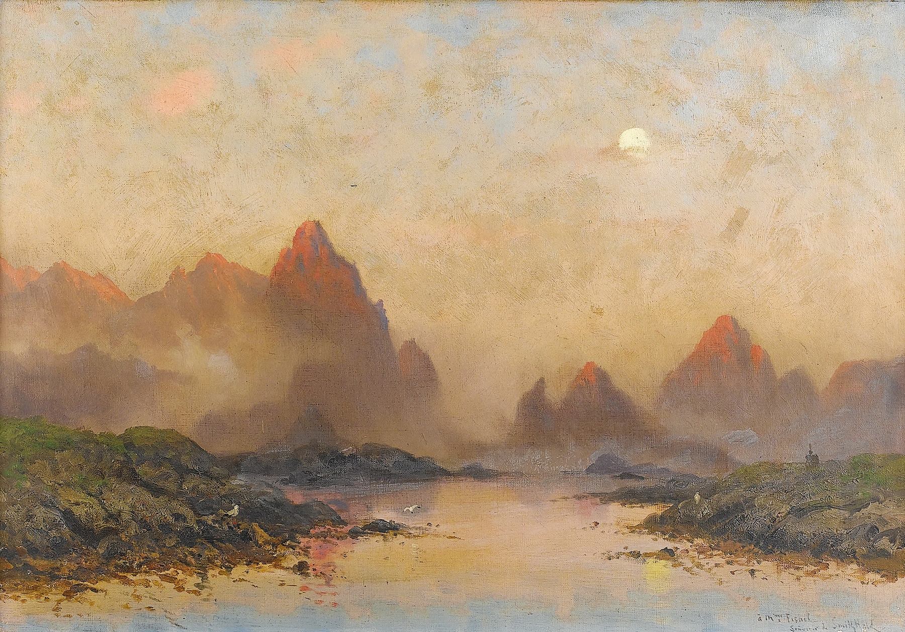 Lofoten by Frithjof Smith-Hald, oil painting depicting mountains and ocean under a vibrant sky