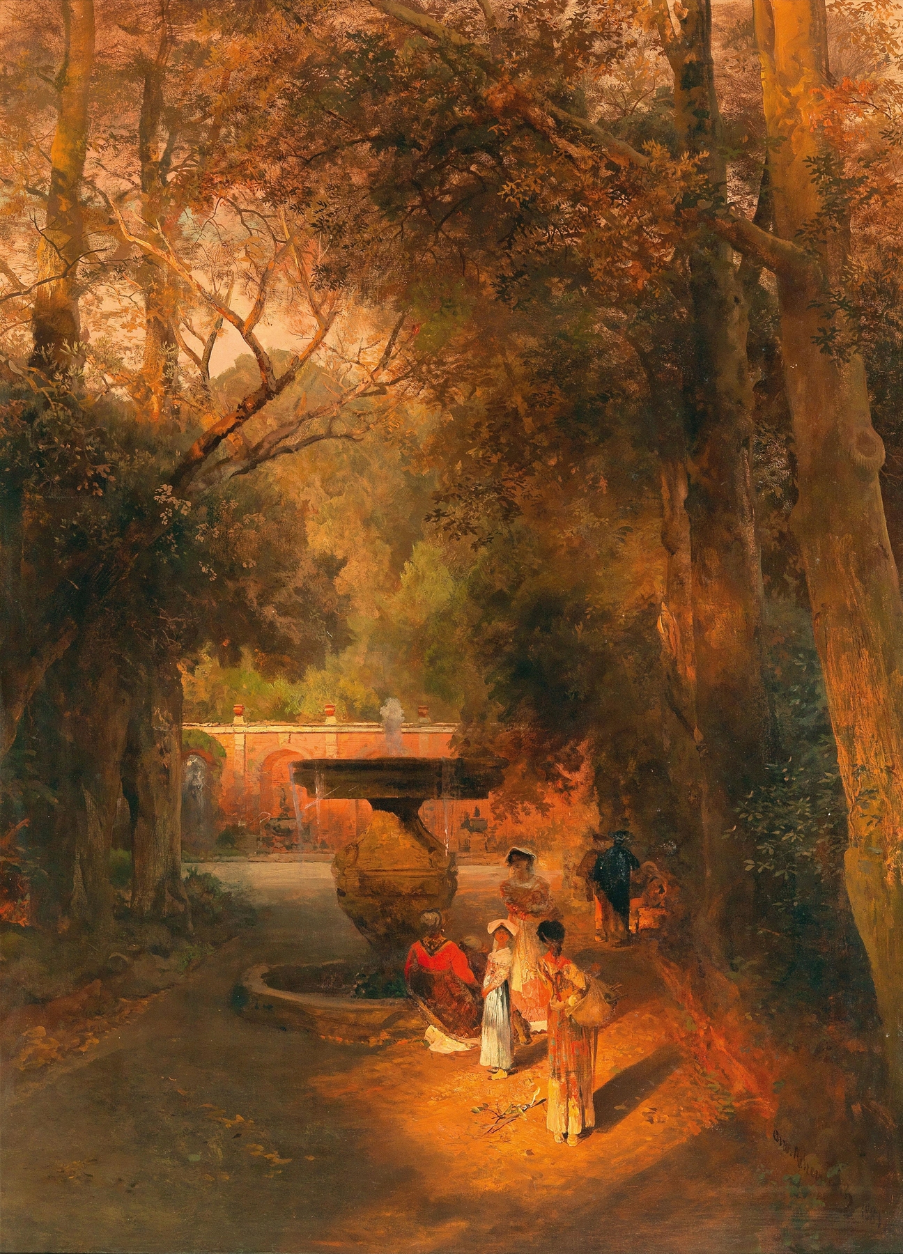 Oil on canvas by Oswald Achenbach depicting a park with a fountain and trees.