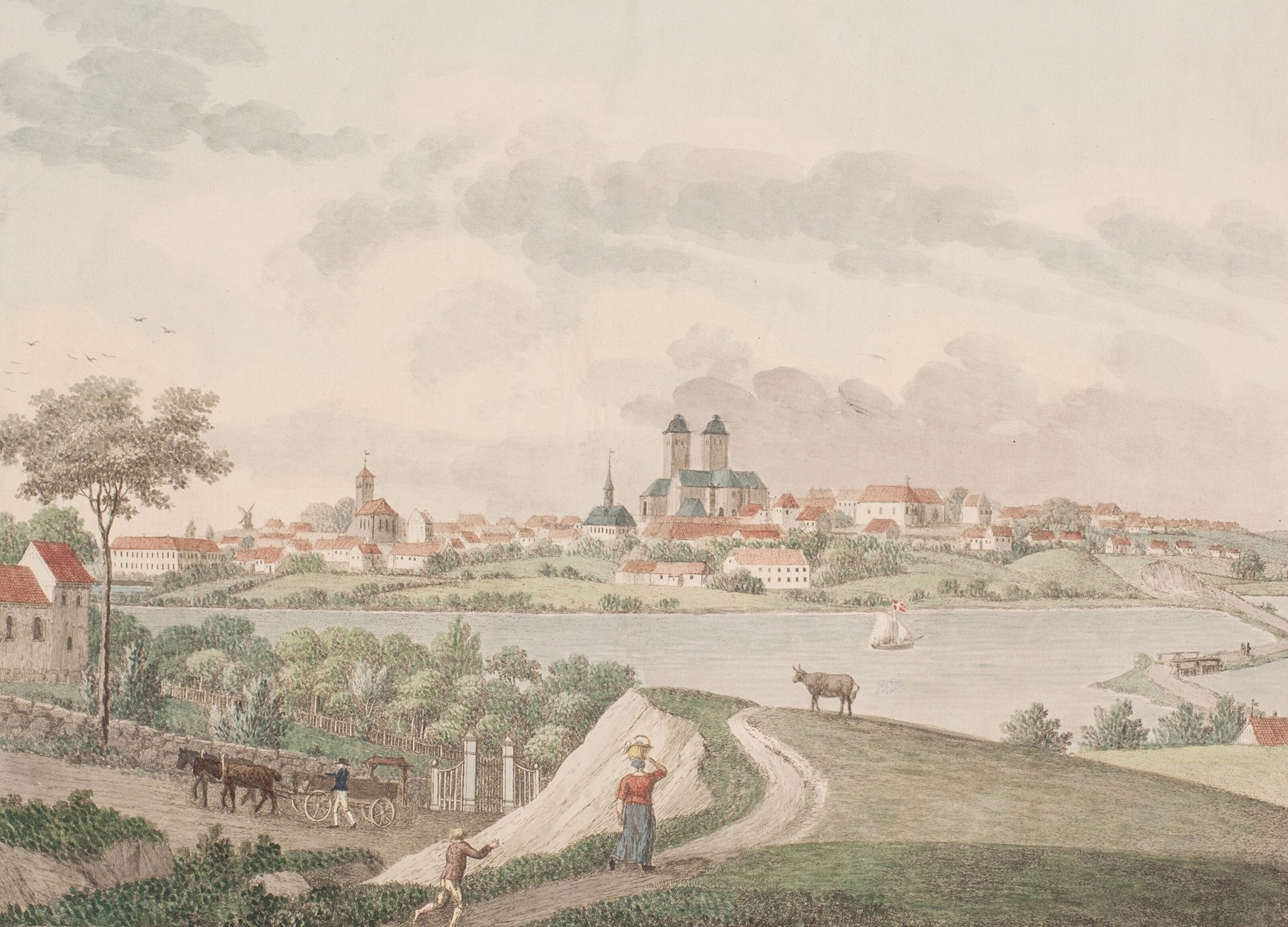 Landscape featuring an ancient cathedral, pastel sky, and earthy tones by Søren L. Lange, oil painting