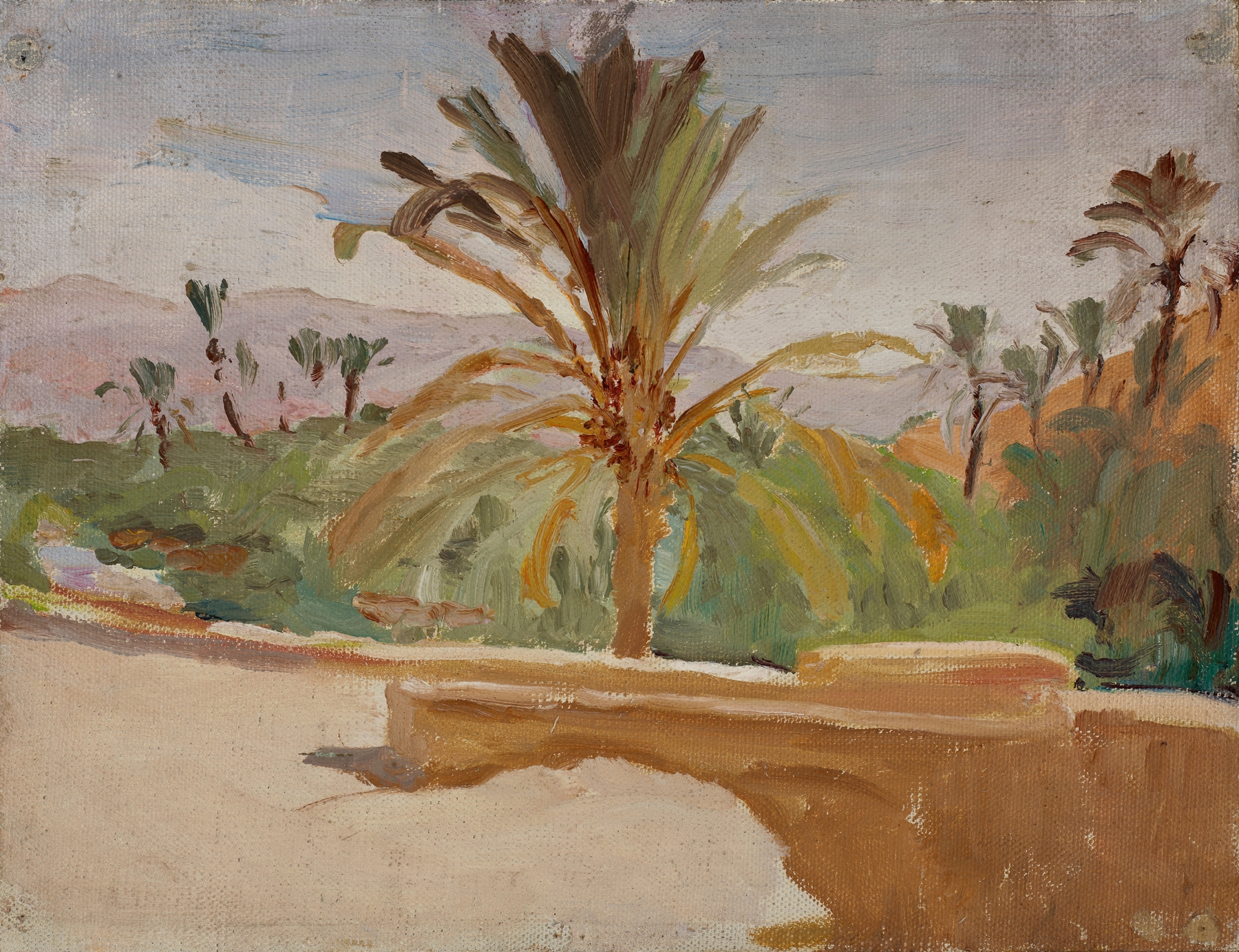 Oasis with palm trees, oil on canvas by Jan Ciągliński