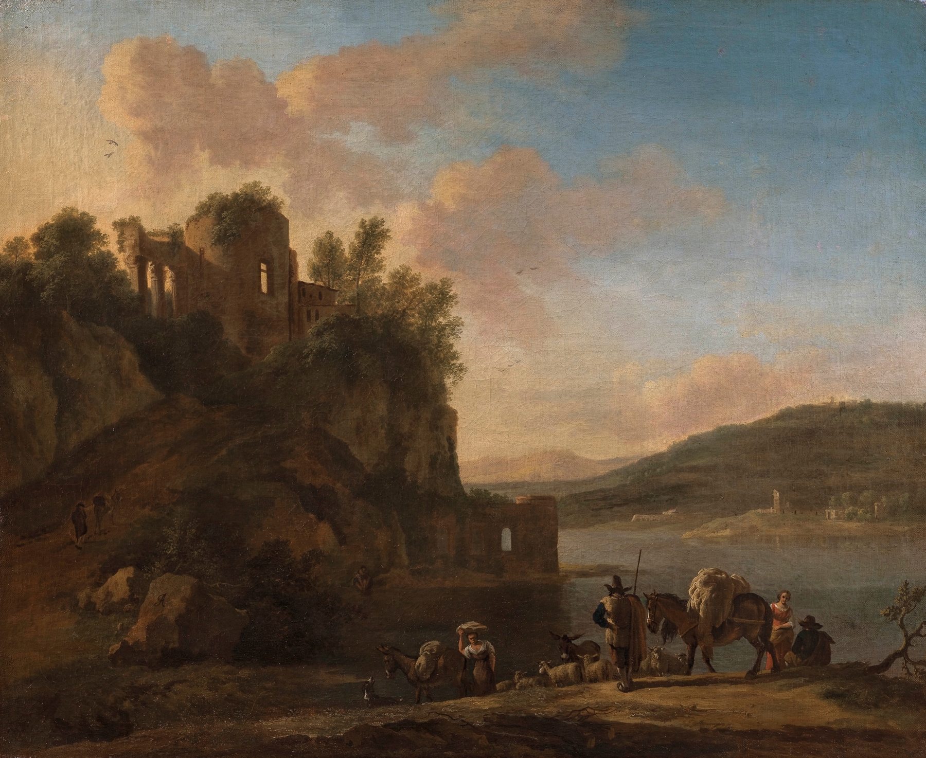 An Italianate River Landscape With Herders On A Path With Their Flock And Donkeys, by Jan Asselijn, public domain