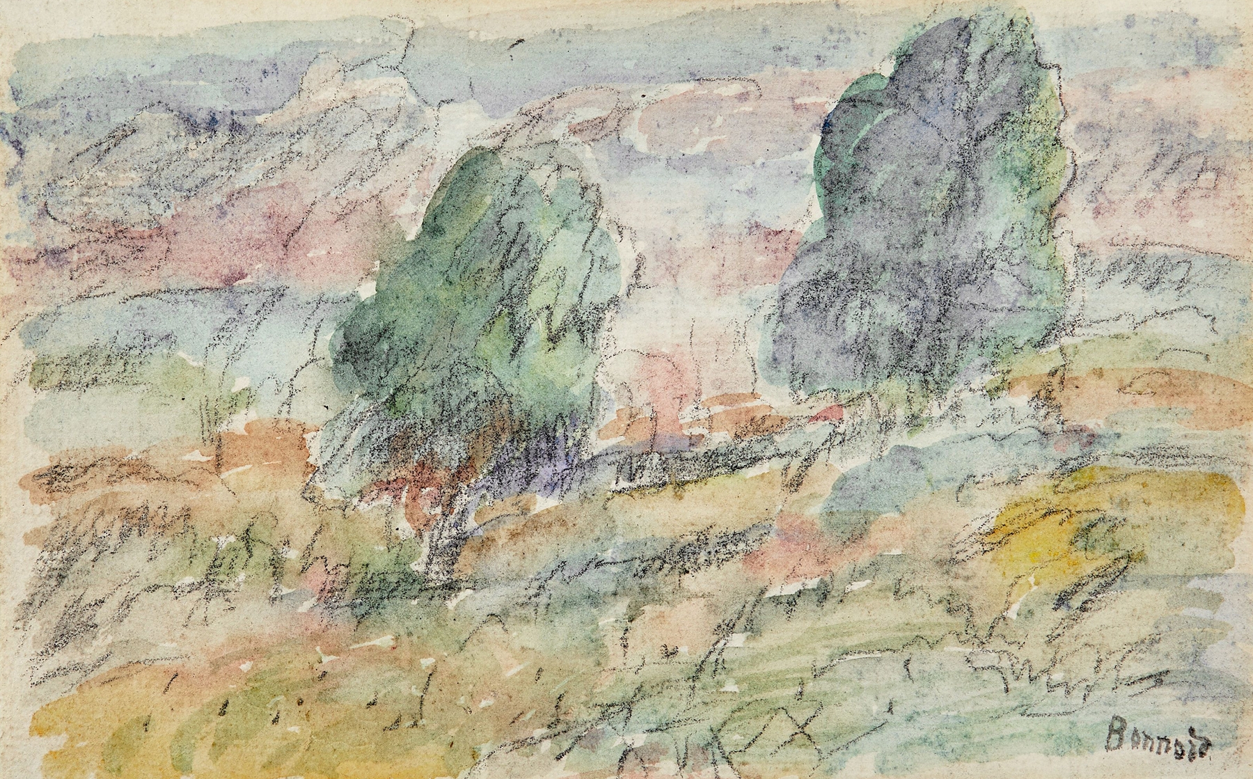 Paysage de Vernon by Pierre Bonnard, oil painting depicting a tranquil landscape with greenery and a river.