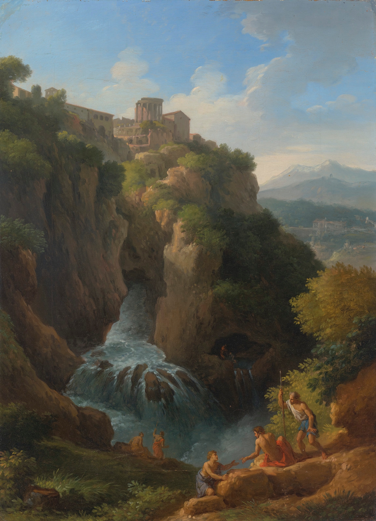 The falls of Tivoli with the Temple of the Sibyl and figures resting in the foreground, by Jan Frans Van Bloemen, public domain