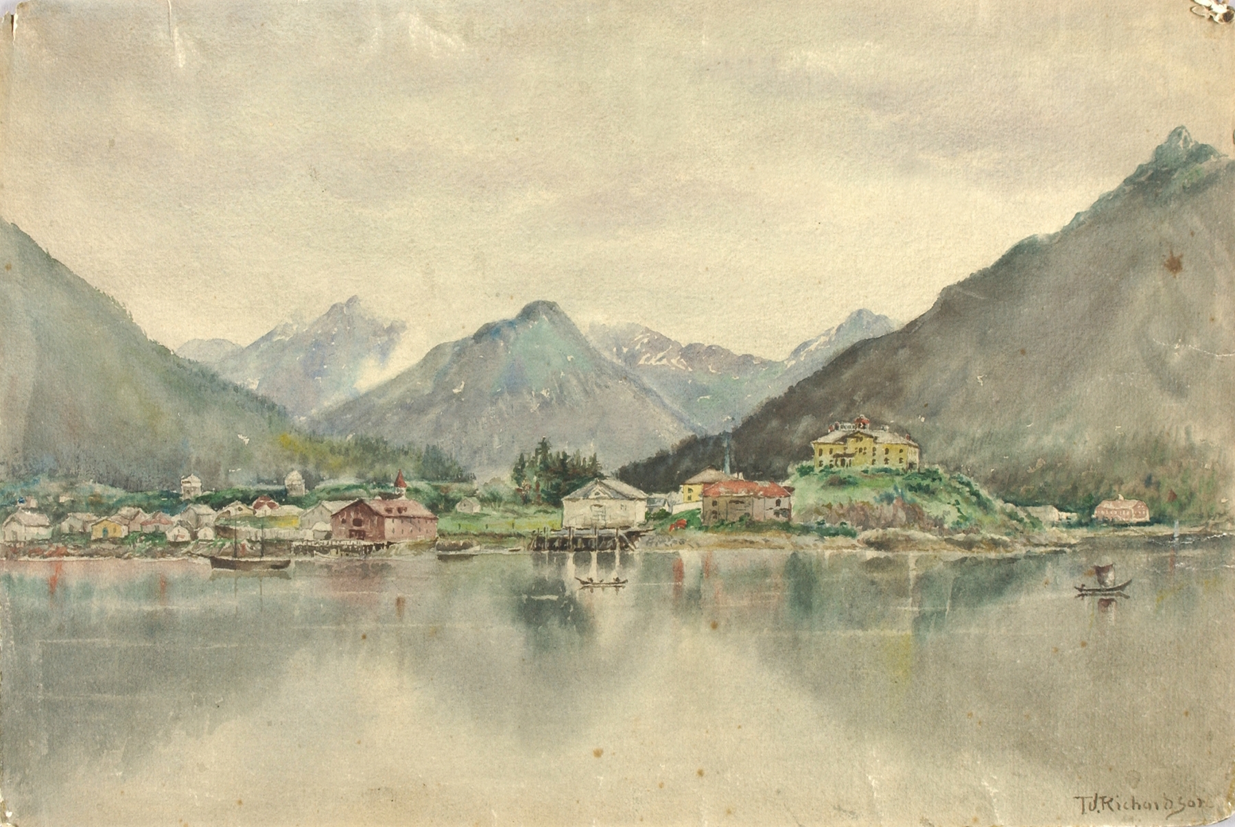 Landscape oil painting by Theodore J. Richardson depicting a shoreline with a Russian castle