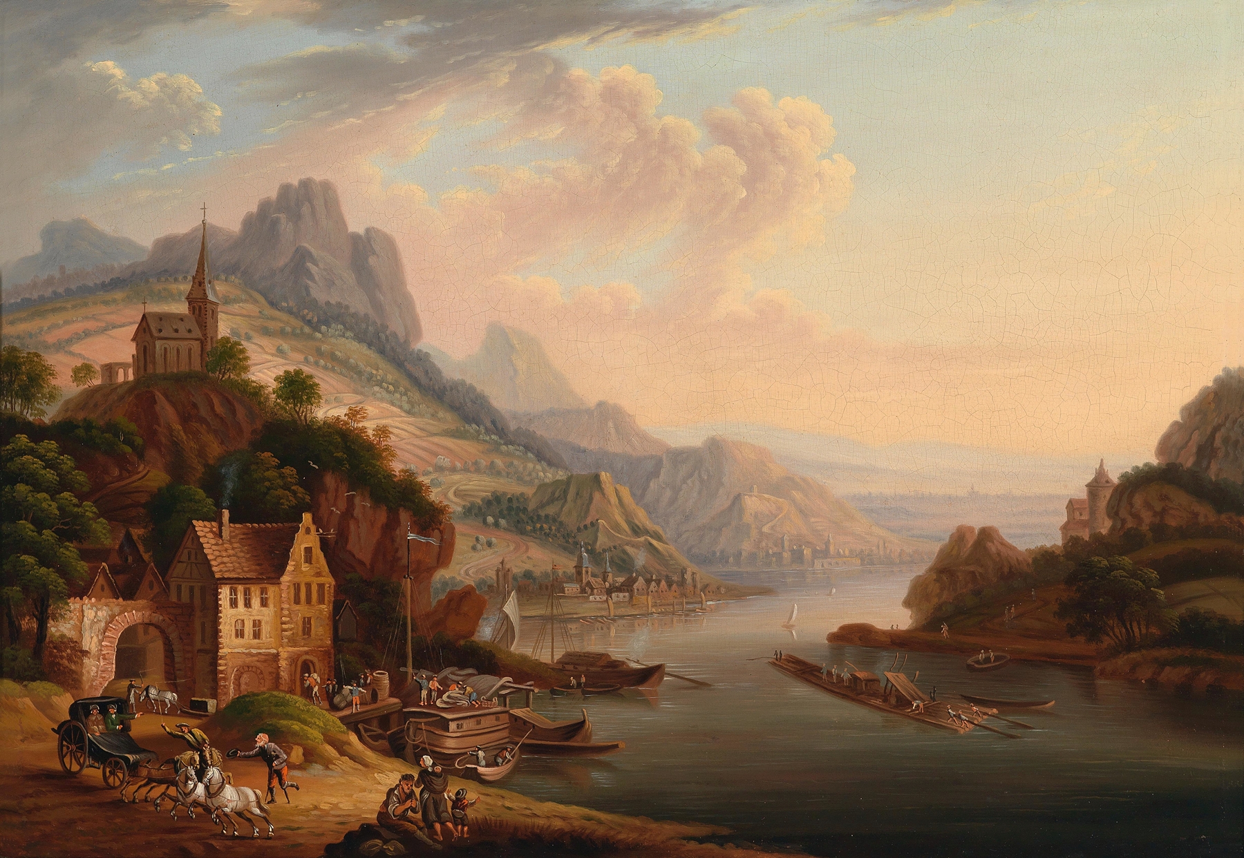 Rheinlandschaft by Christian Georg Schütz the elder, oil painting depicting a serene river landscape.