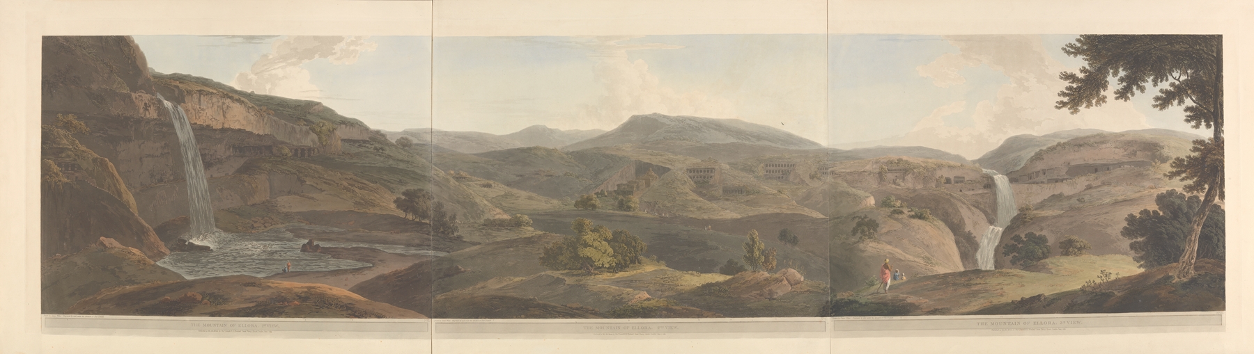 Oriental scenery Pl.49 by Thomas Daniell, depicting a landscape with mountains and a river.