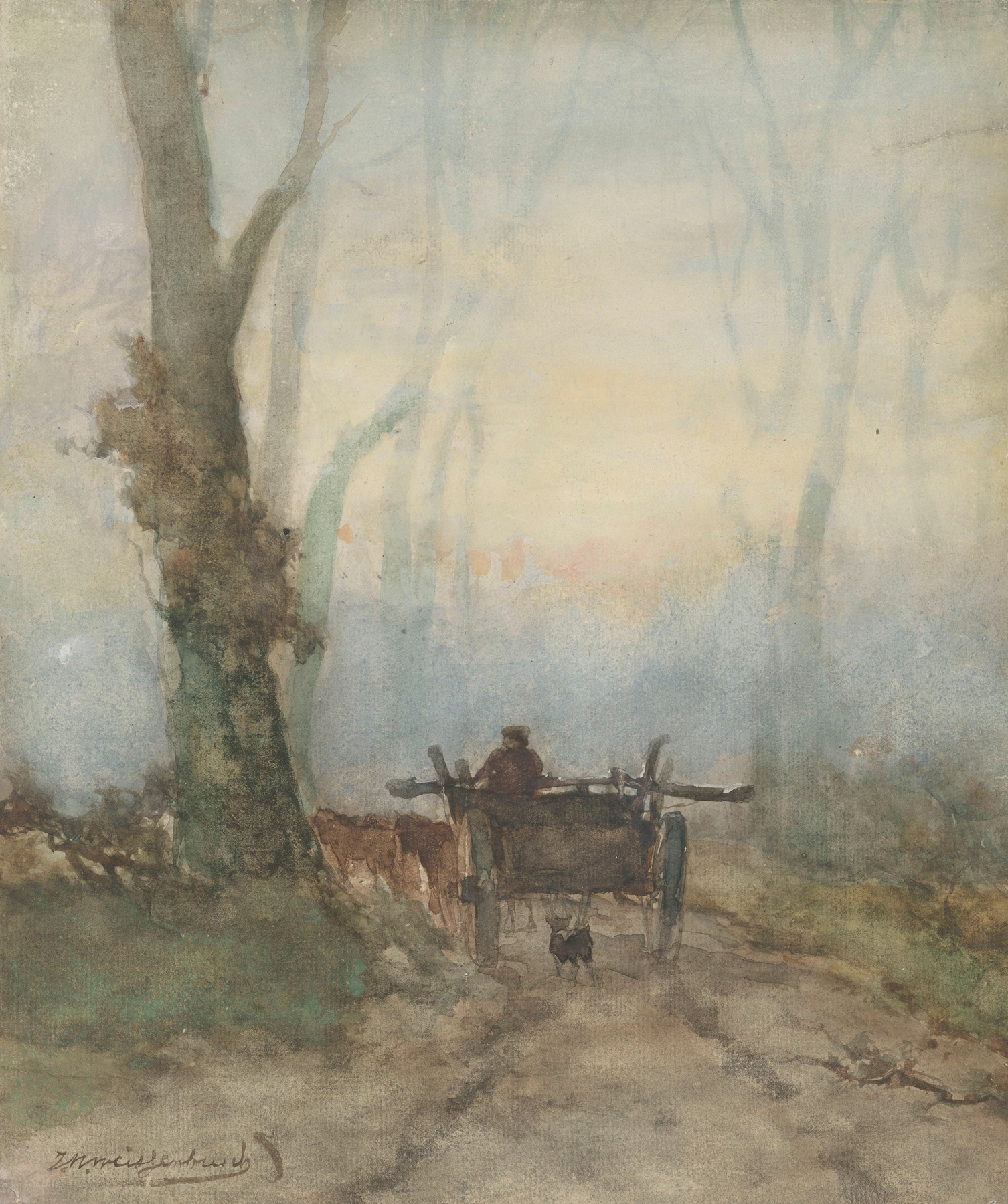 Landscape with a rustic cart on a path, oil painting by Johan Hendrik Weissenbruch