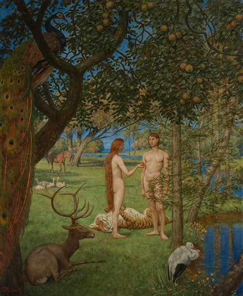 Das Paradies by Hans Thoma depicts a mystical scene filled with vibrant colors and serene figures.