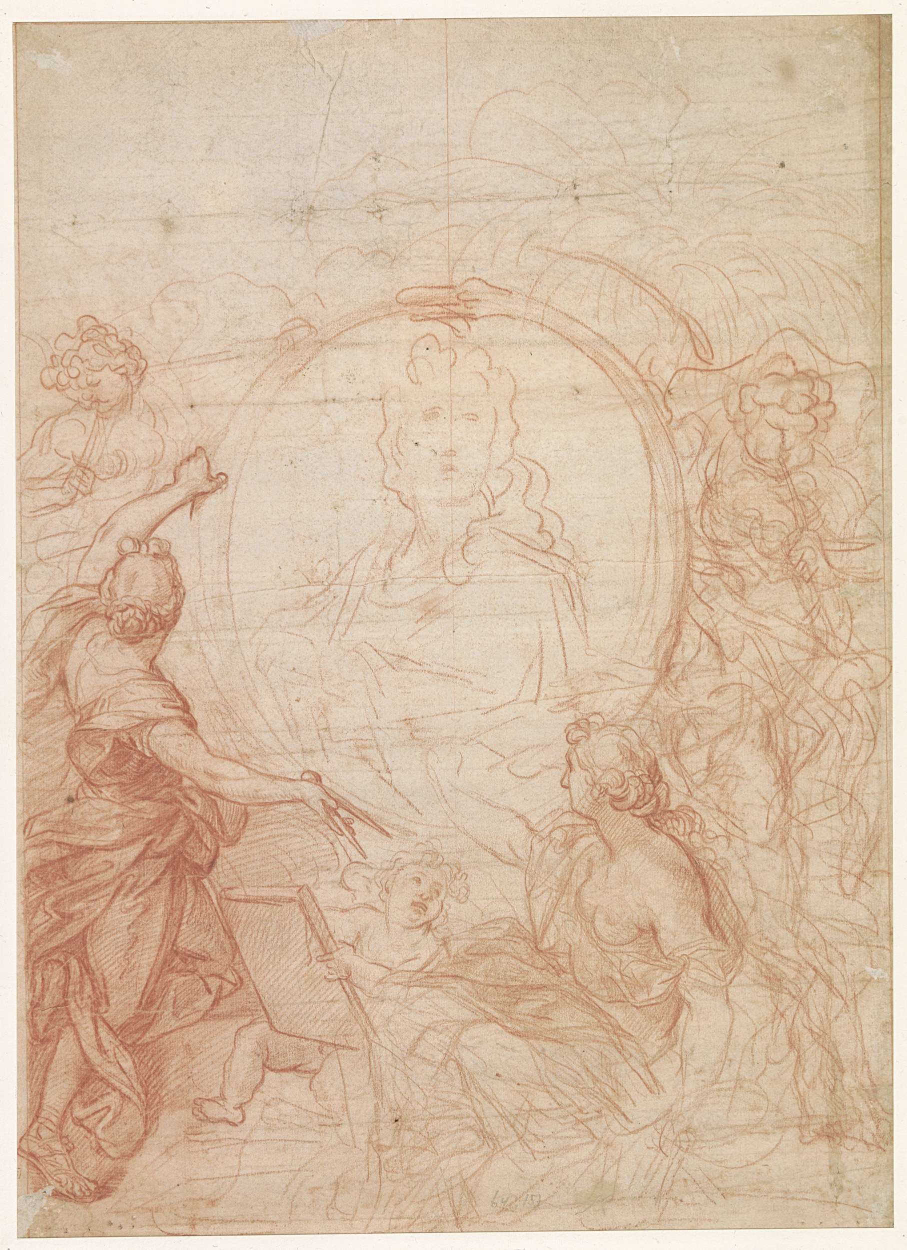 Portrait drawing of a face surrounded by a serpent by Charles Le Brun on paper