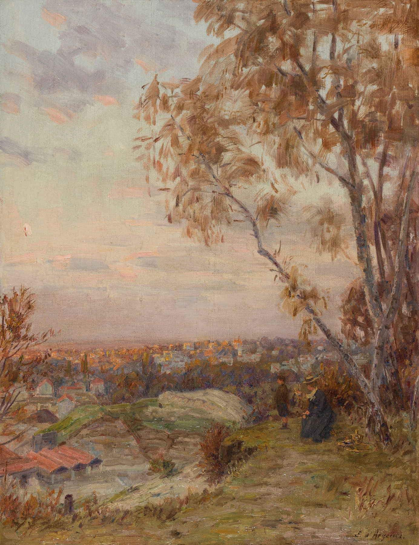 Landscape oil painting by Eugène d'Argence featuring gentle hills and a blue sky.
