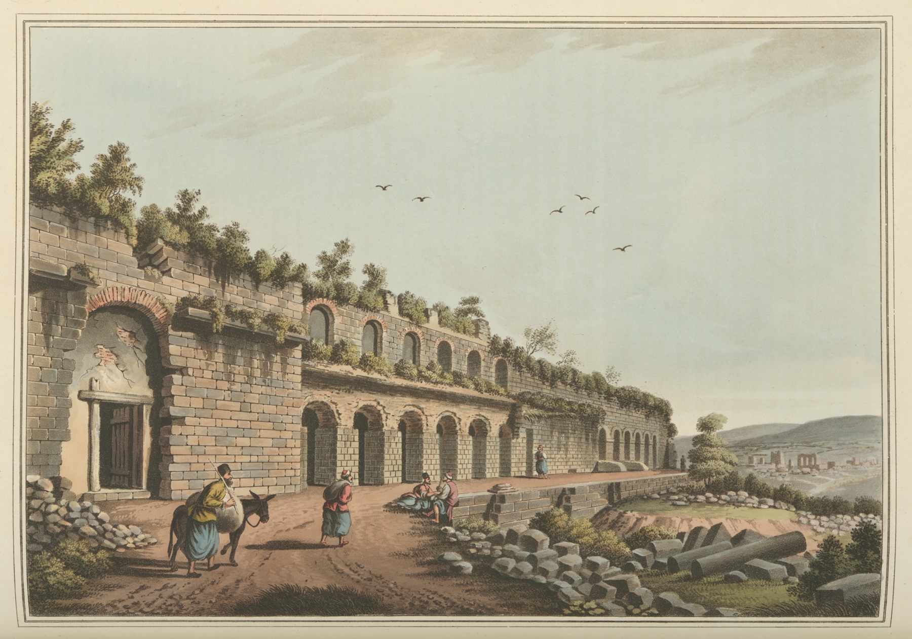 Engraving by Luigi Mayer depicting the ruins of a stadium with columns